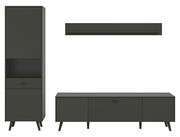 Wohnkombination in dunklem Design mit hohem Schrank, TV-Bank und Wandregal, frontale Ansicht