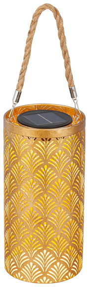 Goldene Solarleuchte mit dekorativem Muster und Seilgriff, Ansicht von vorne
