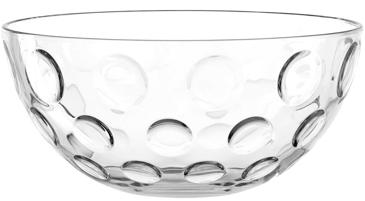 Transparente Glasschale mit kreisförmigem Muster, seitliche Perspektive