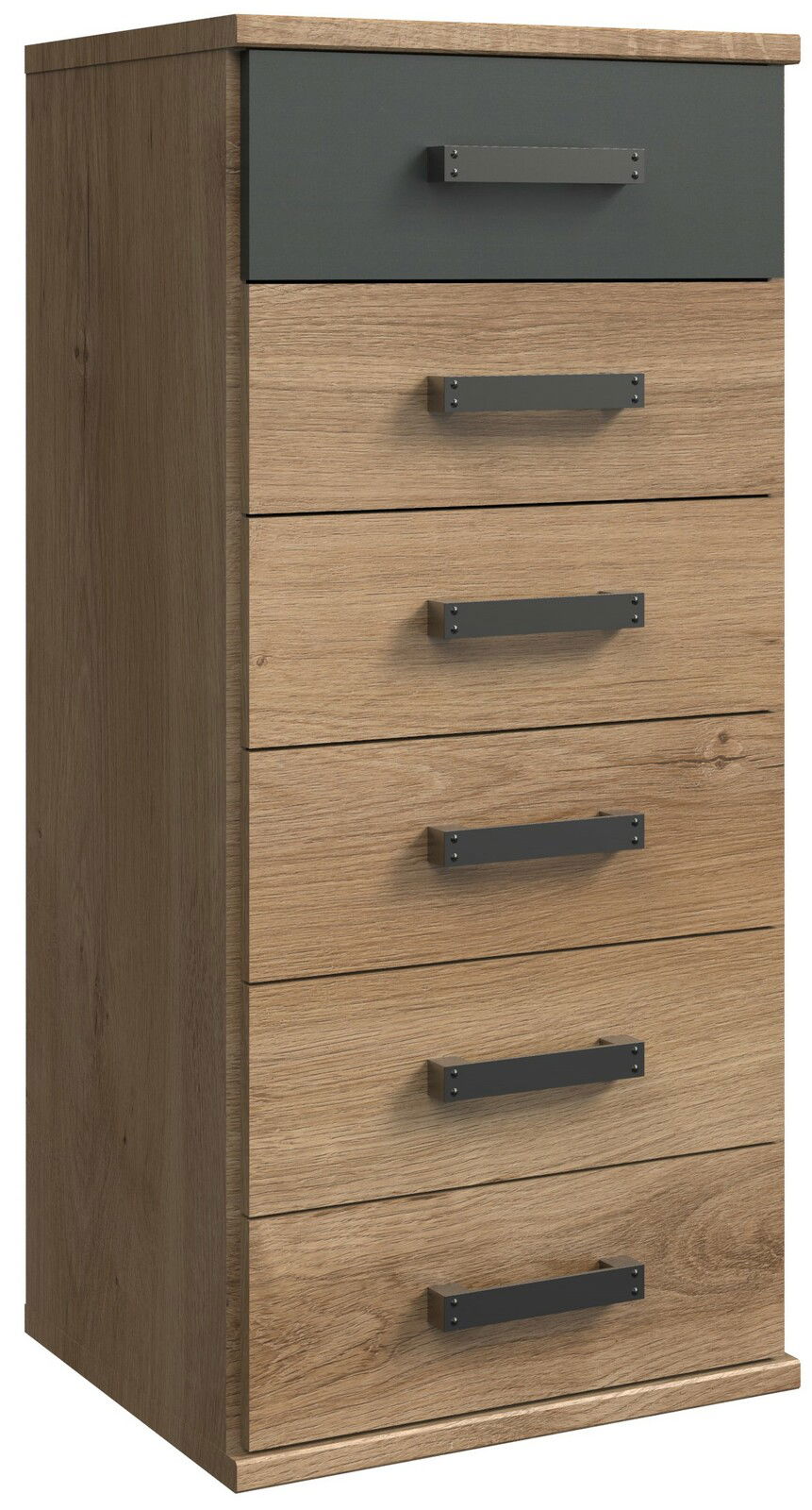 Z2 Kommode CORK Holzkommode mit sechs Schubladen, davon eine in dunkler Farbe, seitliche Perspektive