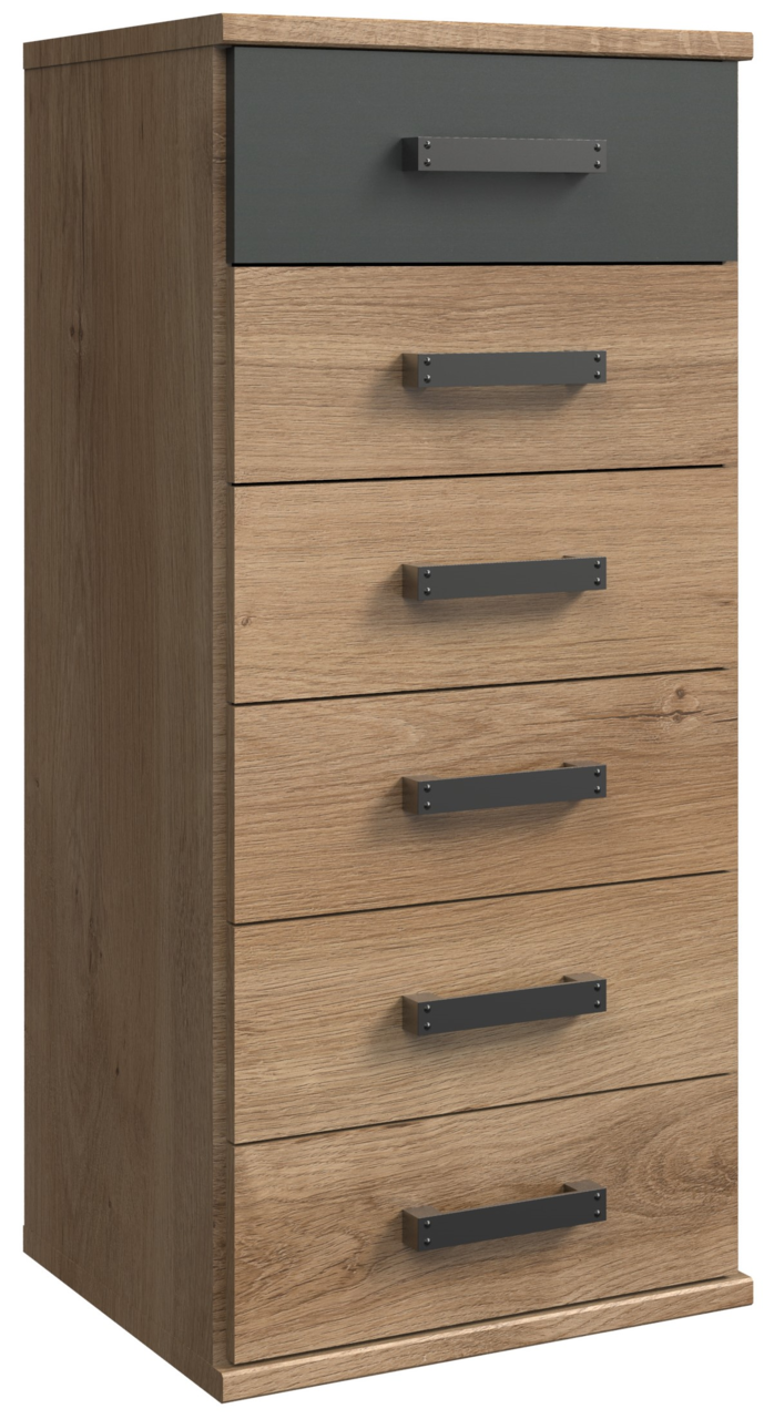Z2 Kommode CORK Holzkommode mit sechs Schubladen, davon eine in dunkler Farbe, seitliche Perspektive