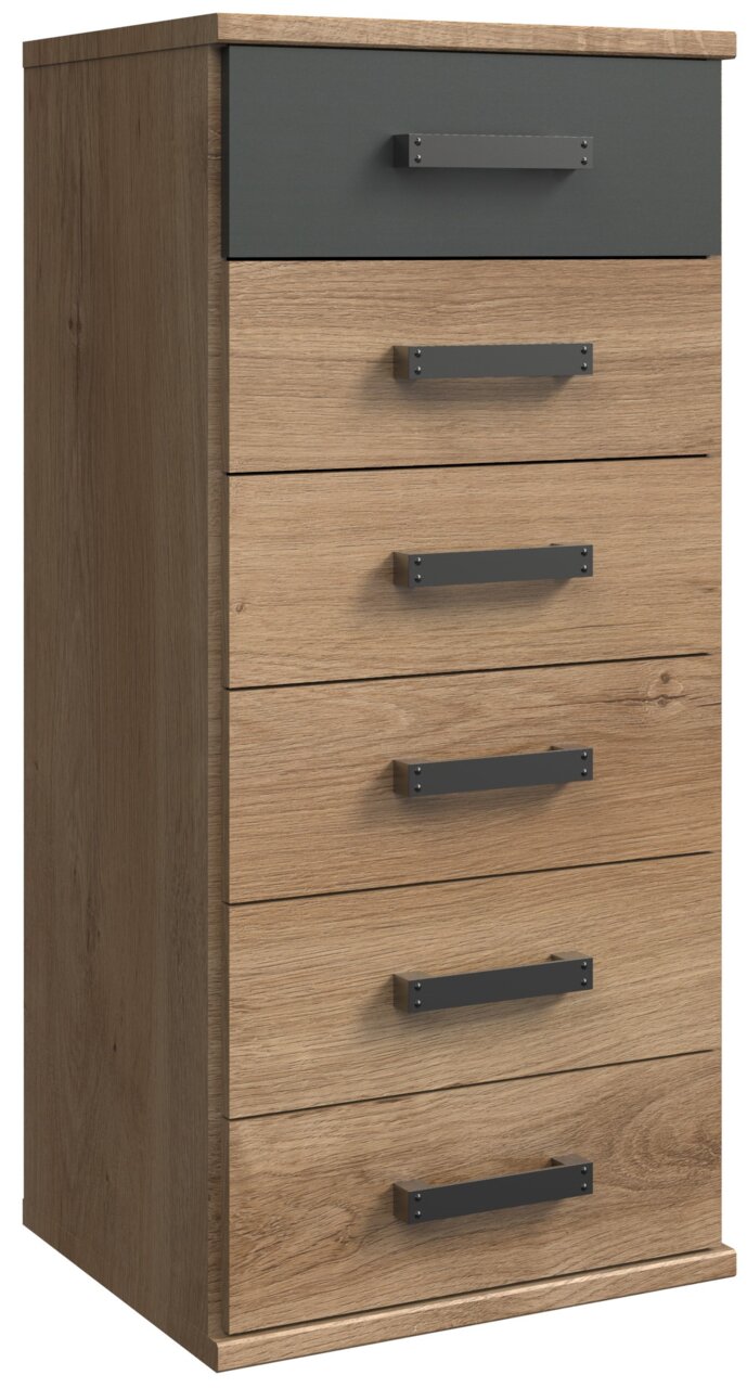 Holzkommode mit sechs Schubladen, davon eine in dunkler Farbe, seitliche Perspektive