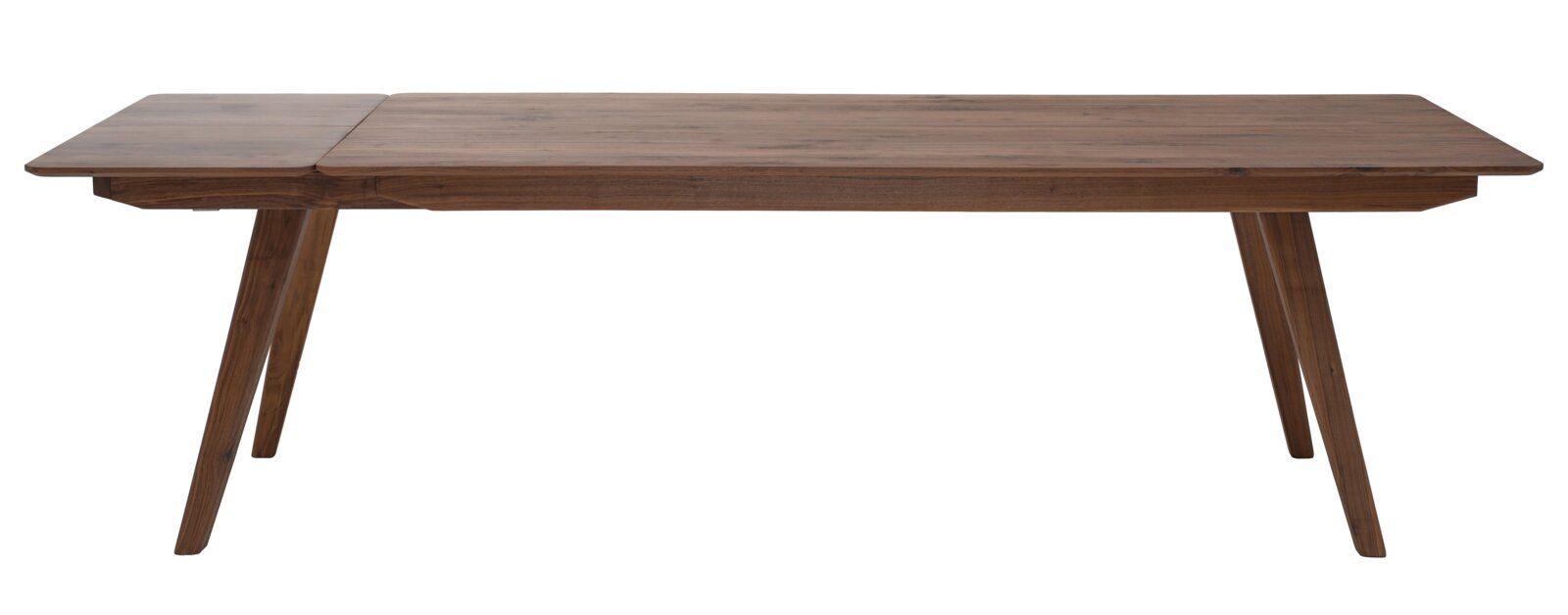 Uitschuifbare houten eettafel in donker walnootlook met schuin geplaatste poten, zijaanzicht op witte achtergrond