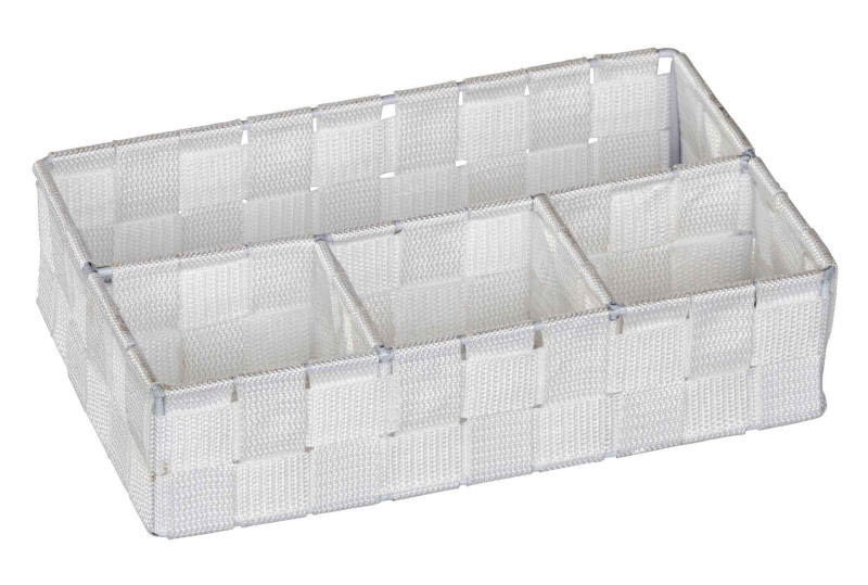 Weißer Badorganizer Adria klein mit drei Fächern, aus geflochtenem Material, perspektivisch von schräg oben fotografiert.