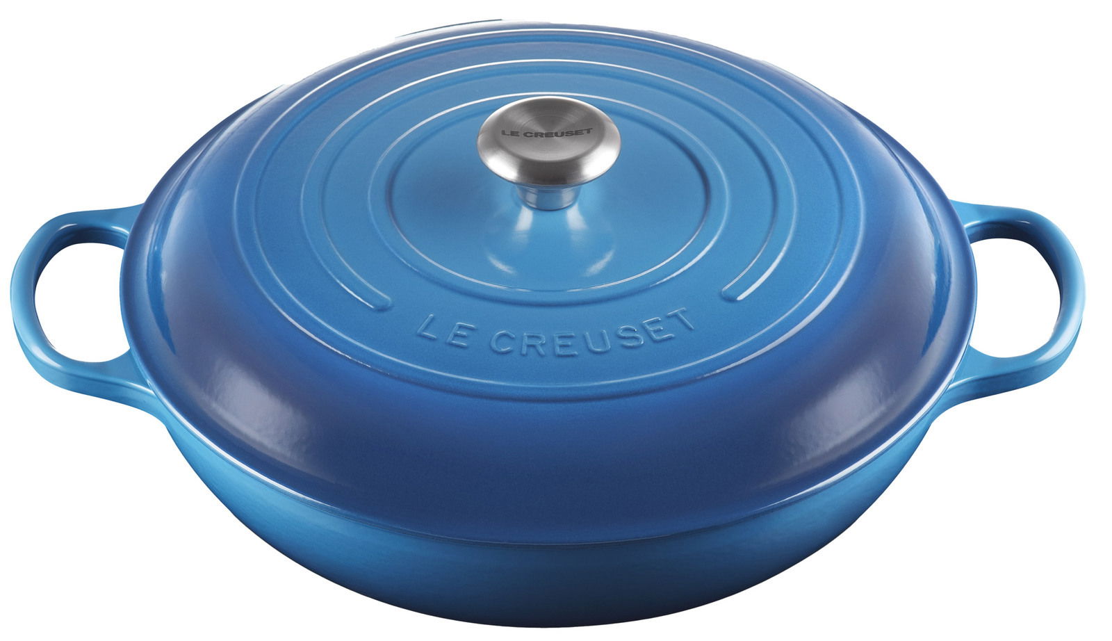 LE CREUSET Gourmet-Profitopf Marseille 32 cm SIGNATURE Blaue Le Creuset Gusseisen-Kasserolle mit Deckel, seitliche Perspektive