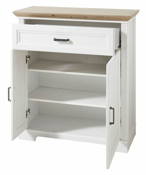 Weißer Schuhschrank mit Holztop, einer Schublade und zwei offenen Türen, frontale Ansicht