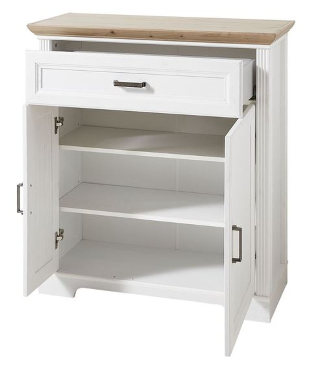 Weißer Schuhschrank mit Holztop, einer Schublade und zwei offenen Türen, frontale Ansicht