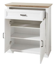 Weißer Schuhschrank mit Holztop, einer Schublade und zwei offenen Türen, frontale Ansicht