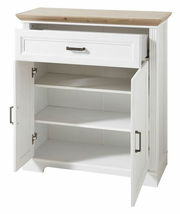 Weißer Schuhschrank mit Holztop, einer Schublade und zwei offenen Türen, frontale Ansicht