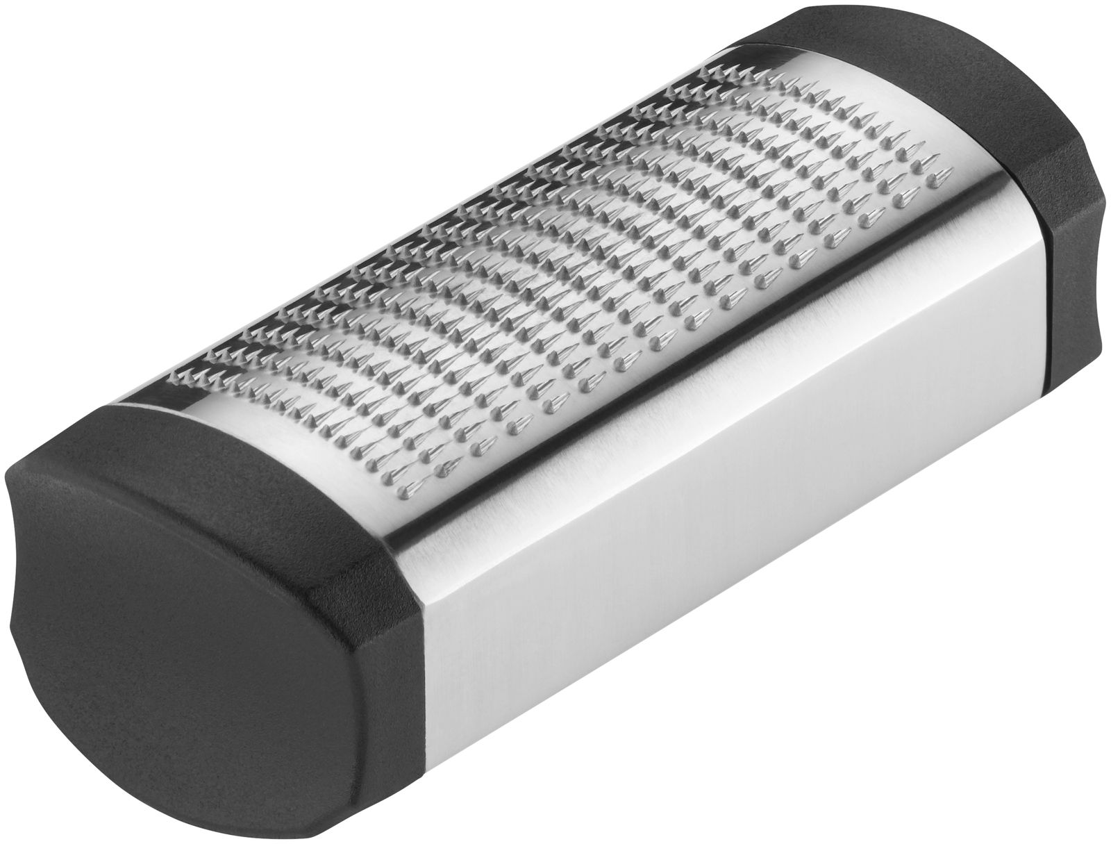 Muskatreibe aus Edelstahl mit schwarzem Griff, seitliche Perspektive