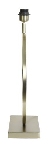 Seitliche Ansicht eines modernen, goldfarbenen Lampenfußes mit quadratischer Basis und rundem, schlankem Ständer.