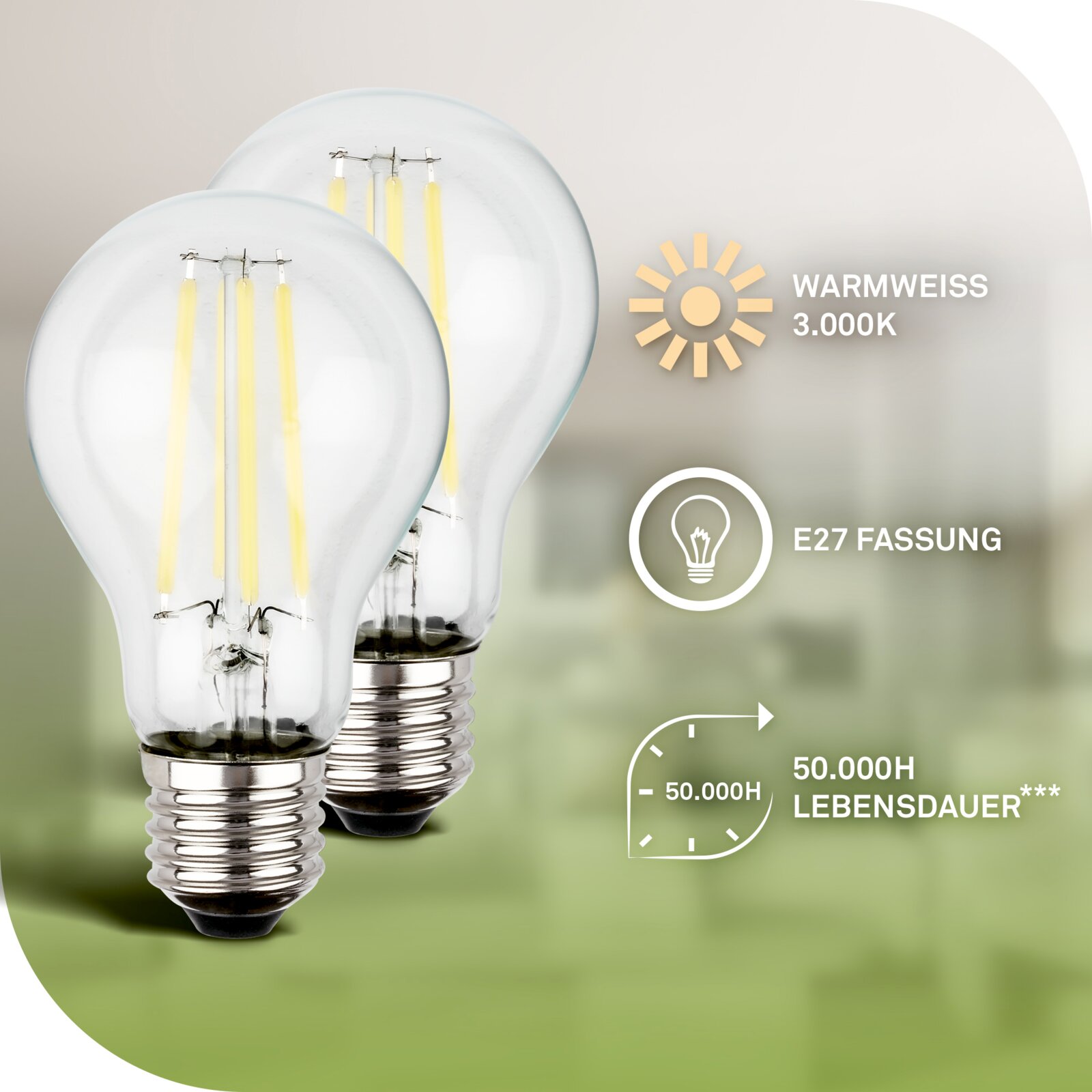 Twee transparante LED-filamentlampen met E27-fitting, warmwit licht van 3000 K en een levensduur van 50.000 uur, schuin van voren afgebeeld.