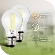 Twee transparante LED-filamentlampen met E27-fitting, warmwit licht van 3000 K en een levensduur van 50.000 uur, schuin van voren afgebeeld.