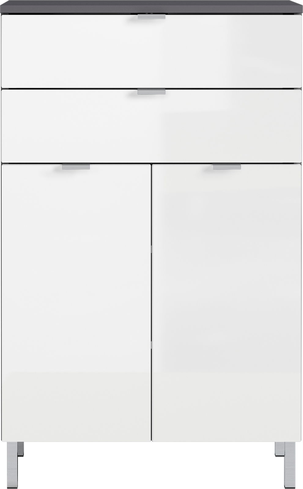 Weiße Kommode mit zwei Schubladen und zwei Türen, frontal betrachtet.