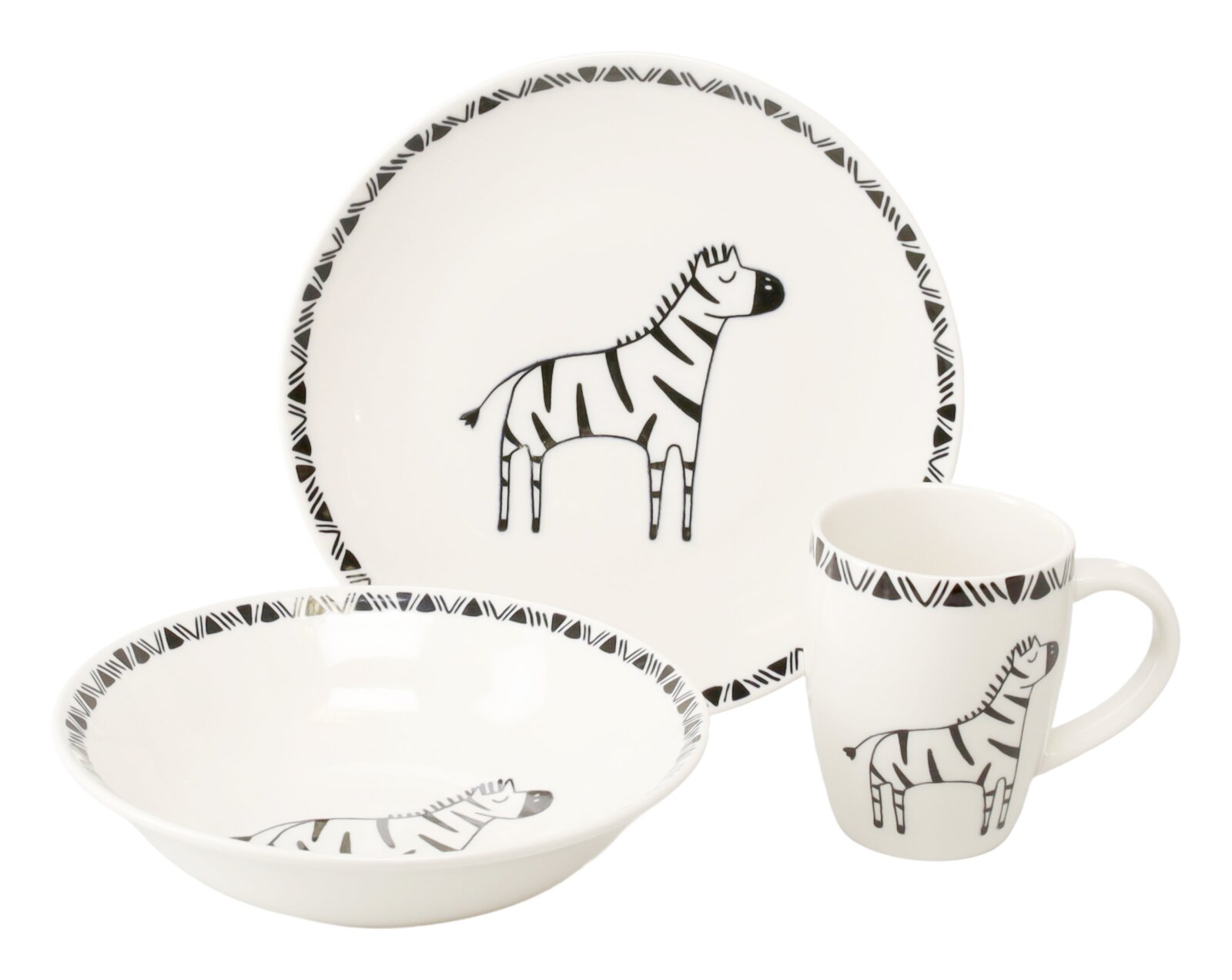 Weißes Kindergeschirr-Set mit schwarzen Zebra-Motiven, bestehend aus Teller, Schale und Henkelbecher, in schräger Vorderansicht