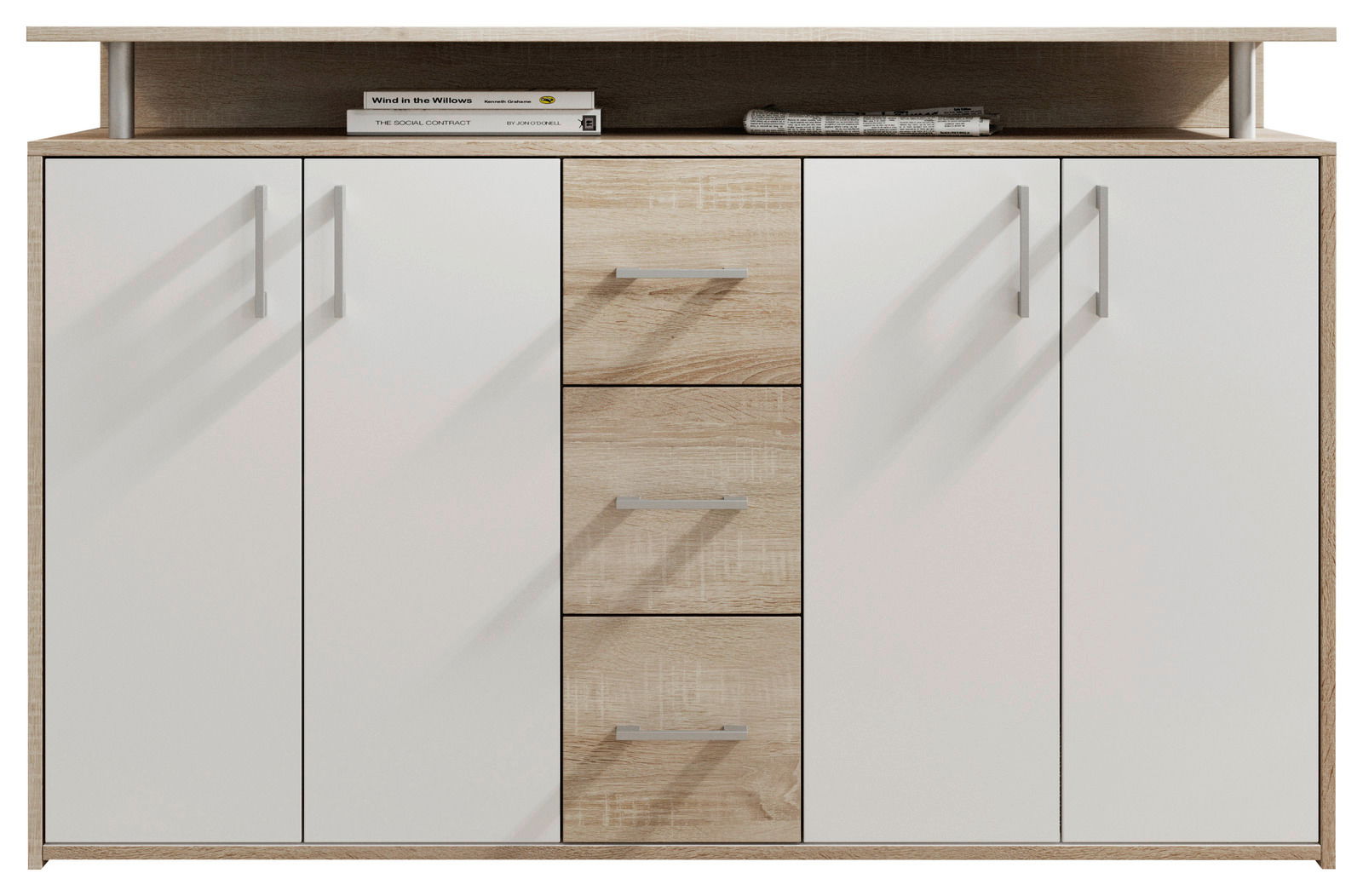 Frontale Ansicht des Carryhome Sideboards DRIFT mit zwei weißen Türen und drei Schubladen in Holzoptik, oben mit Ablagefläche.