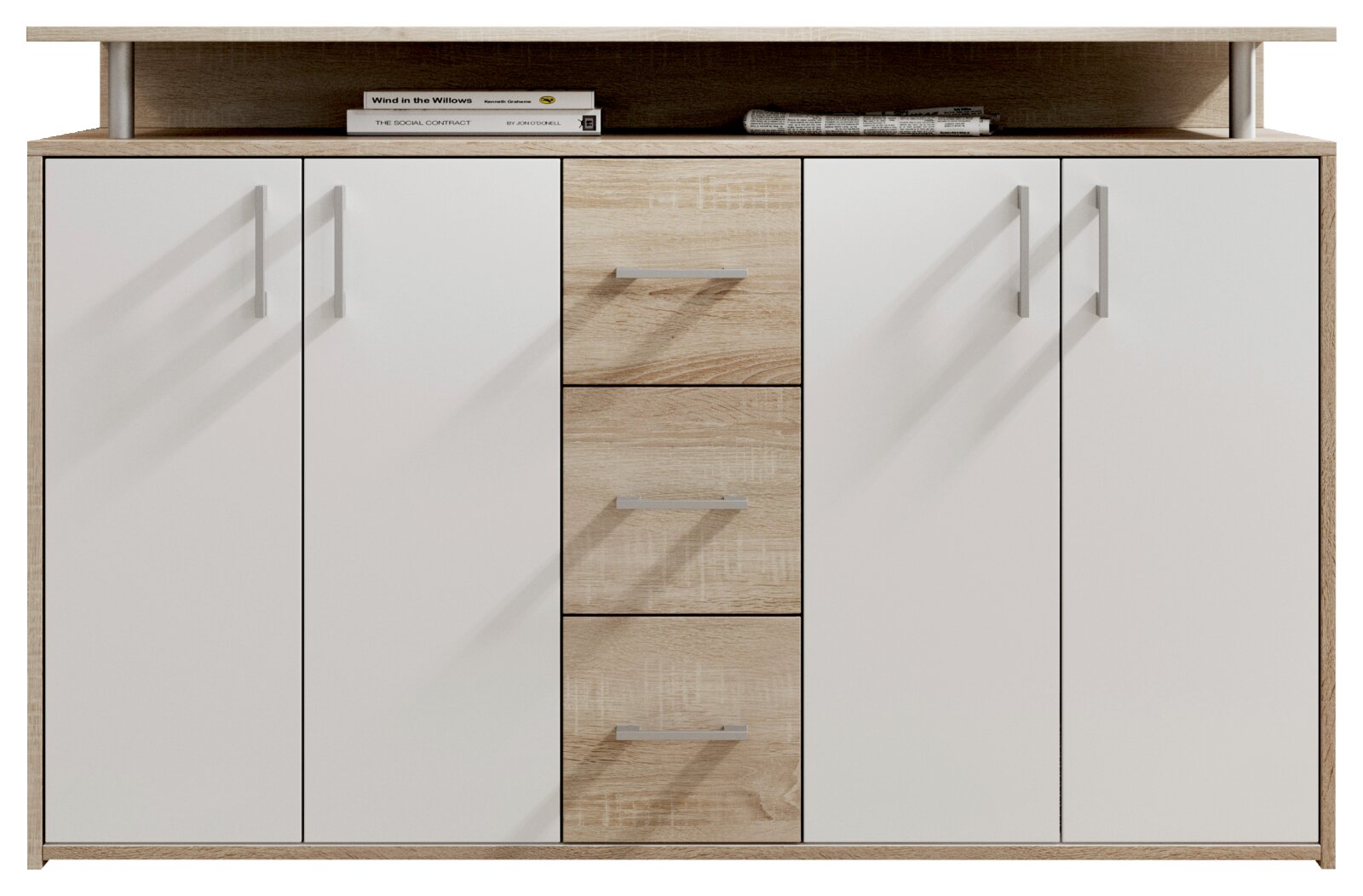 Vooraanzicht van het Carryhome-dressoir DRIFT met twee witte deuren en drie lades in houtlook, met een opbergvlak aan de bovenkant.