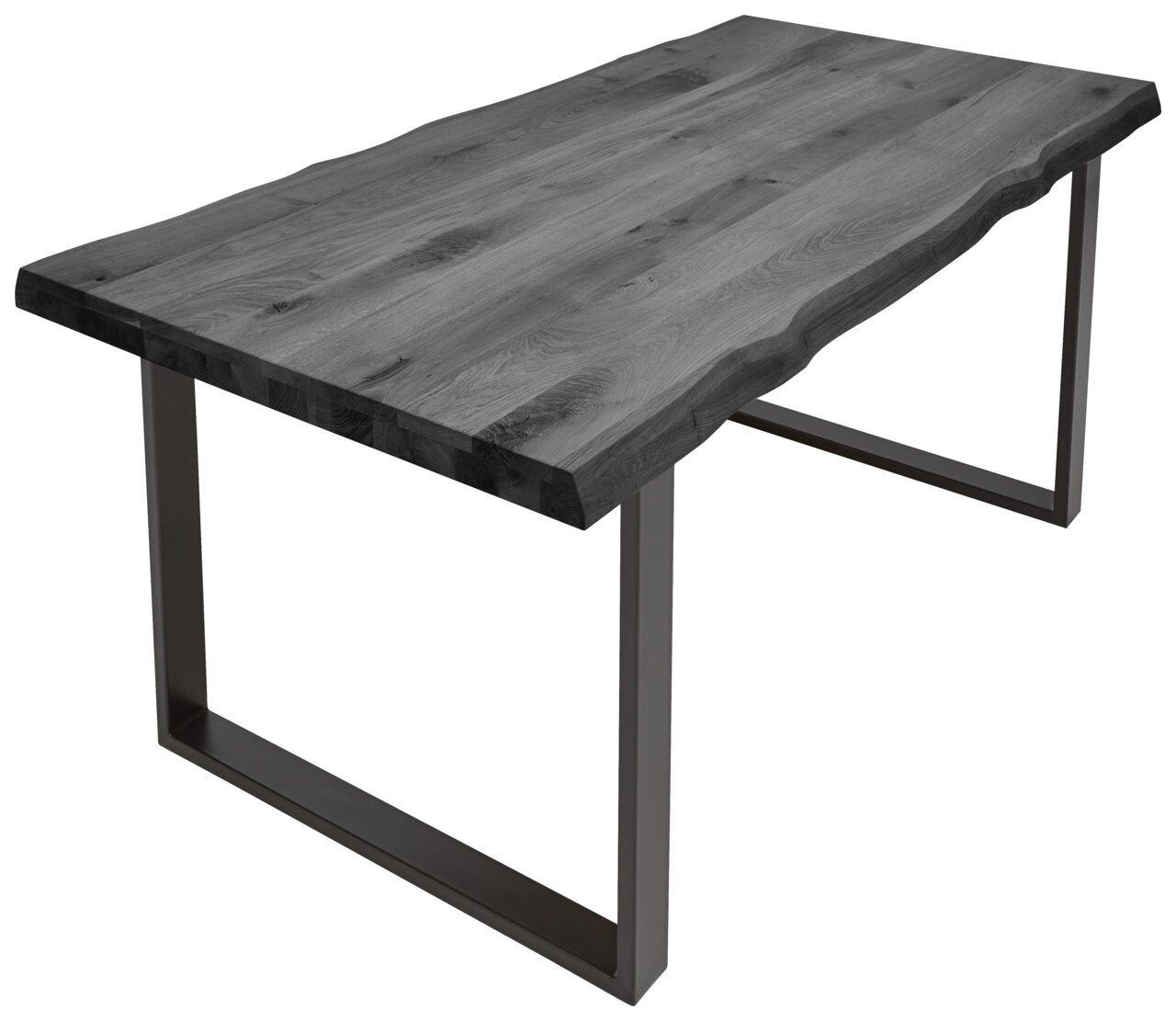 Tischplatte aus Holz mit natürlicher Kante, rechteckig, auf Metallgestell, Perspektive von schräg oben