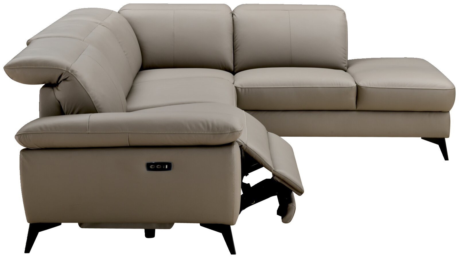 Ecksofa XORA PARIS in hellgrauem Leder mit verstellbarer Rückenlehne und schwarzem Metallfuß, Perspektive von vorne links