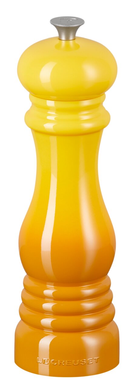Gelbe Pfeffermühle Nectar von Le Creuset, frontal fotografiert.