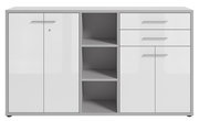 Moderner Aktenschrank mit zwei Türen, drei Schubladen und offenen Regalfächern, Frontalansicht.