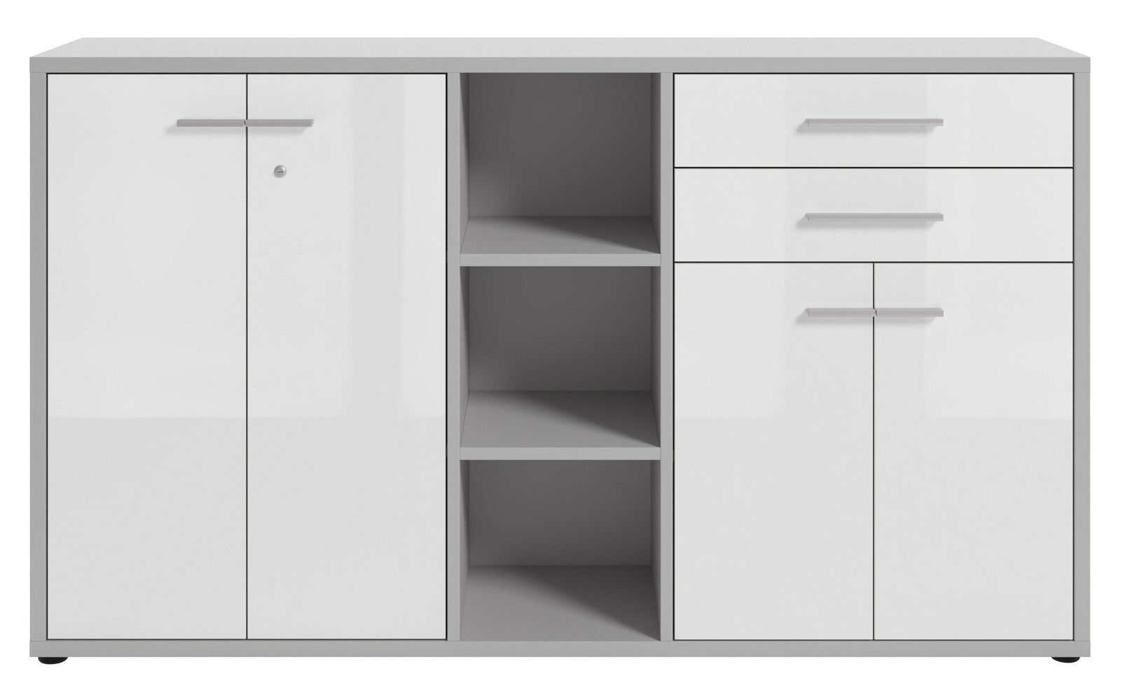 Moderner Aktenschrank mit zwei Türen, drei Schubladen und offenen Regalfächern, Frontalansicht.