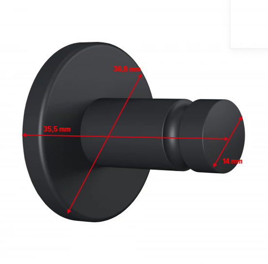 Schwarzer Handtuchhaken aus der Seitenperspektive mit runden Formen und Maßen von 35,5 mm, 36,8 mm und 14 mm.
