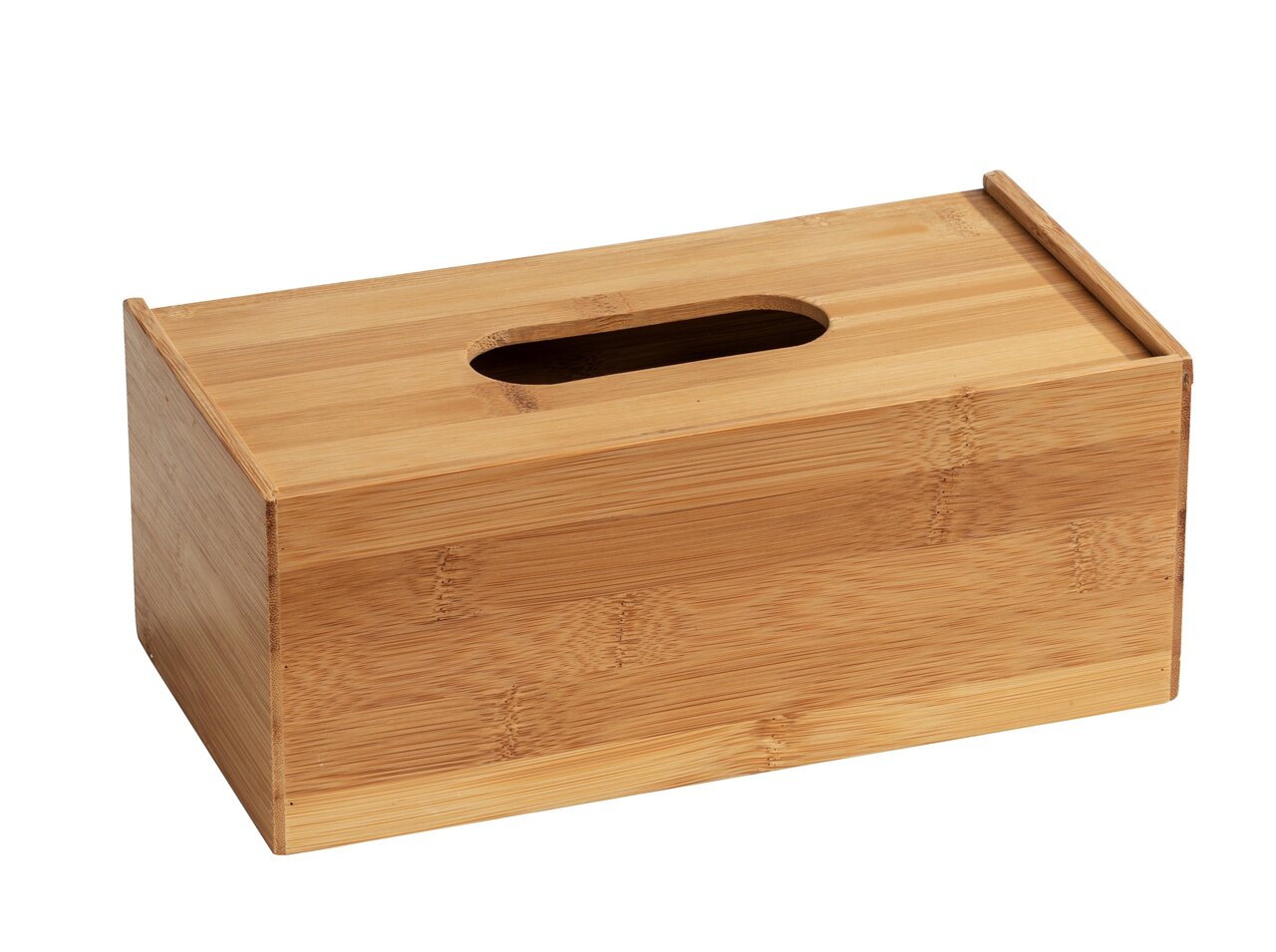 Bambus Kosmetiktuch-Box Terra aus der Perspektive leicht von oben fotografiert, mit rechteckiger Form und ovaler Öffnung auf der Oberseite.