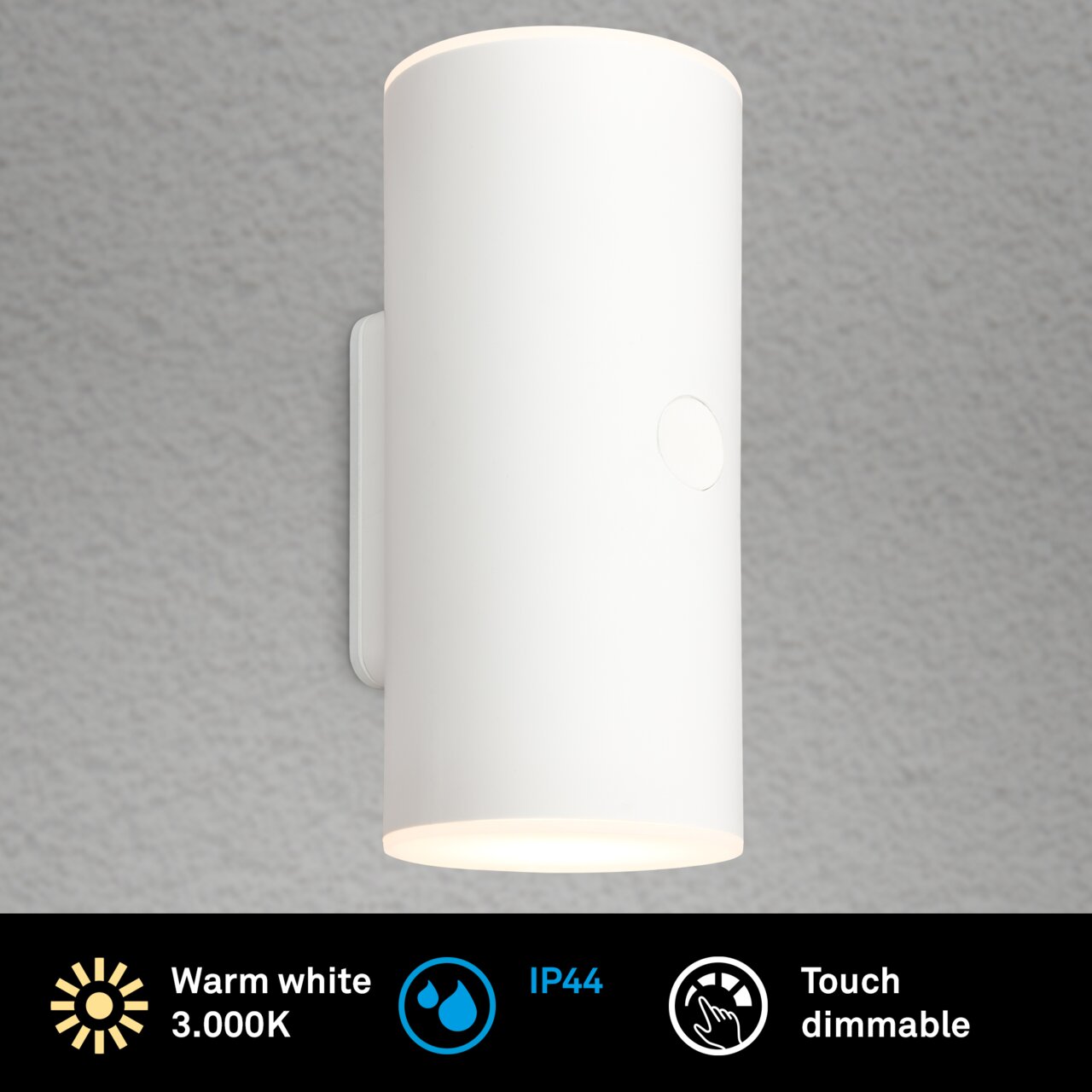 Weiße zylindrische Akku-Außenwandleuchte mit warmweißem Licht, IP44-Schutz und Touch-Dimmfunktion, seitliche Perspektive.