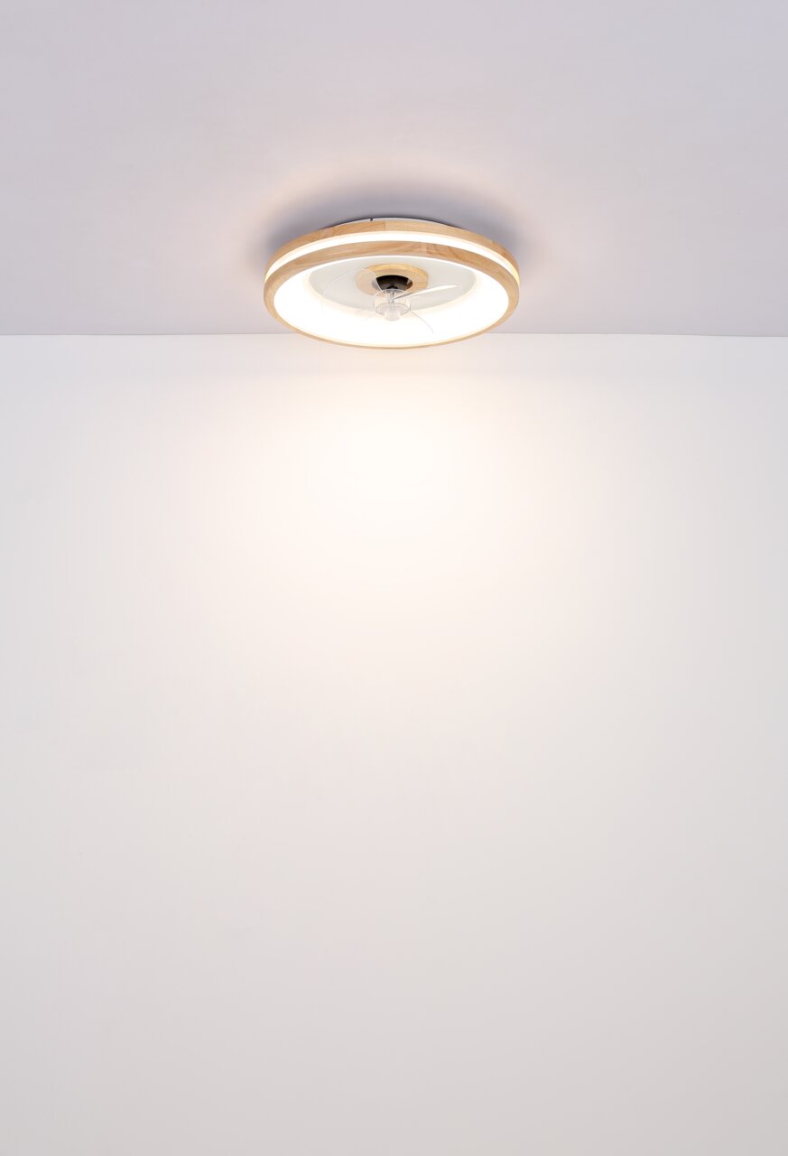 Plafondventilator Globo Lighting GATIAN, gezien van onderaf, met een modern ontwerp en ingebouwde verlichting.