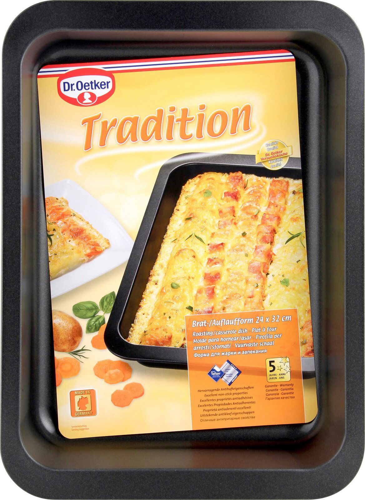 Auflaufform 32x24cm Tradition von oben mit Verpackung und Bild eines gebackenen Gerichts