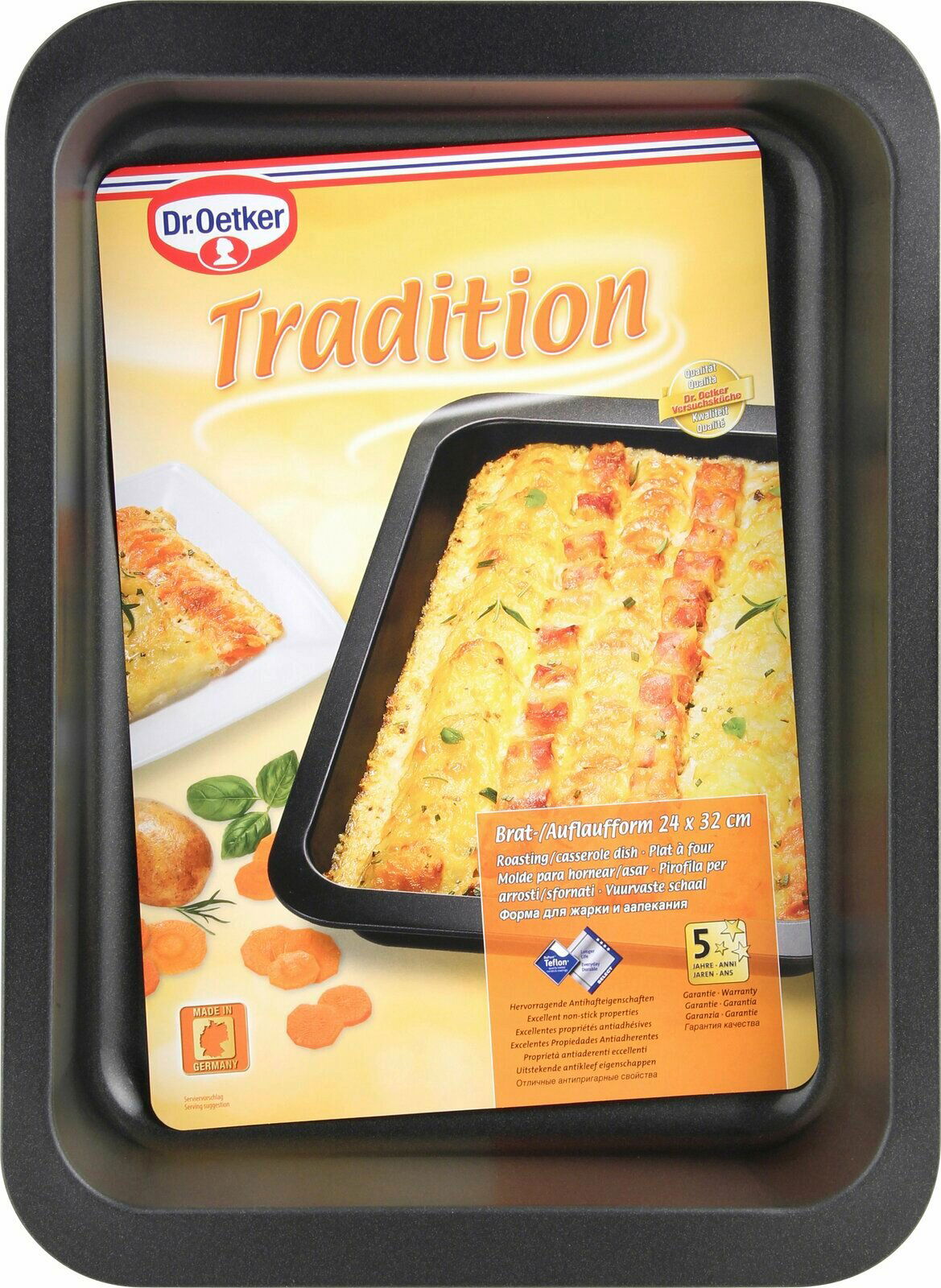 Auflaufform 32x24cm Tradition von oben mit Verpackung und Bild eines gebackenen Gerichts