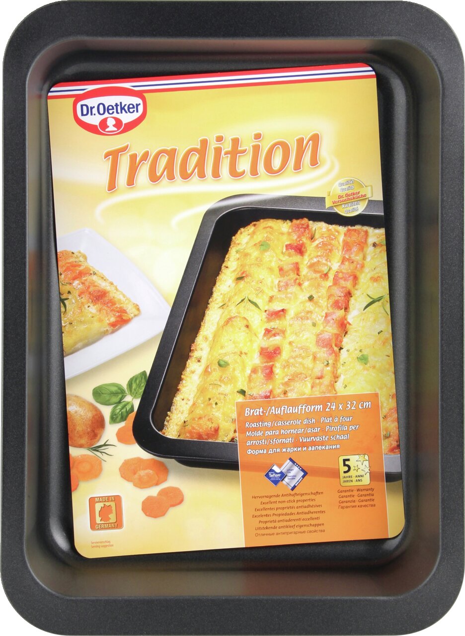 Auflaufform 32x24cm Tradition von oben mit Verpackung und Bild eines gebackenen Gerichts