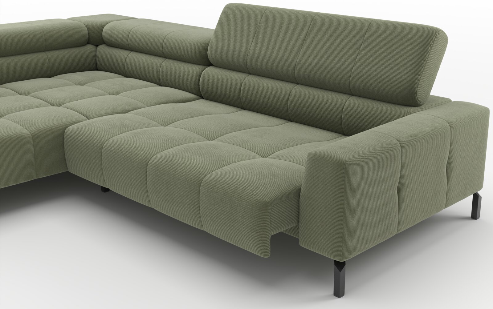 Grünes L-förmiges Ecksofa mit gesteppter Sitzfläche, breiten Armlehnen und schwarzen Metallfüßen, Ansicht schräg von vorn rechts