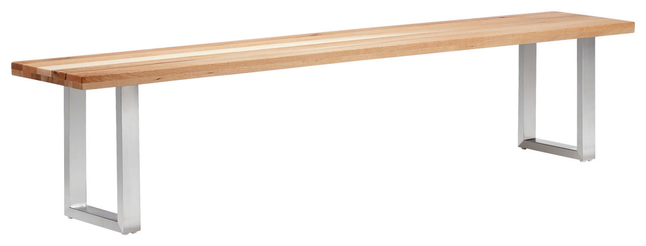 Moderne Holzbank mit Metallbeinen, seitliche Perspektive