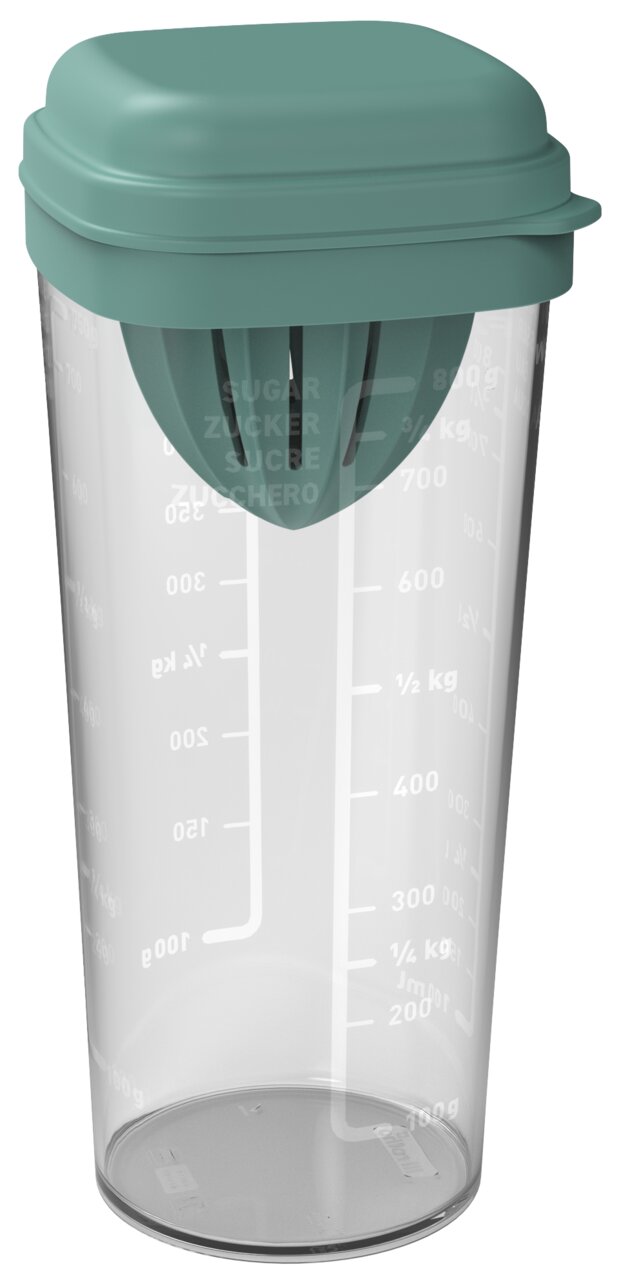 rotho Shake LOFT Transparenter Messbecher mit grünem Deckel und integriertem Entsafter, seitliche Ansicht