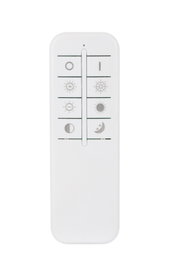 Witte afstandsbediening voor verlichting/dimmer met symbooltoetsen (aan/uit, lichter/donkerder, daglicht/sneeuw, zon, maan), vooraanzicht van bovenaf op een witte achtergrond