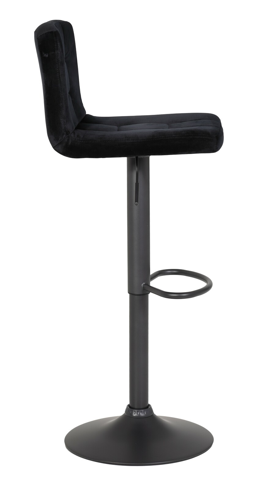 Seitenansicht eines schwarzen Barhockers mit gepolsterter Sitzfläche und Rückenlehne, verstellbarer Höhe und Fußstütze.