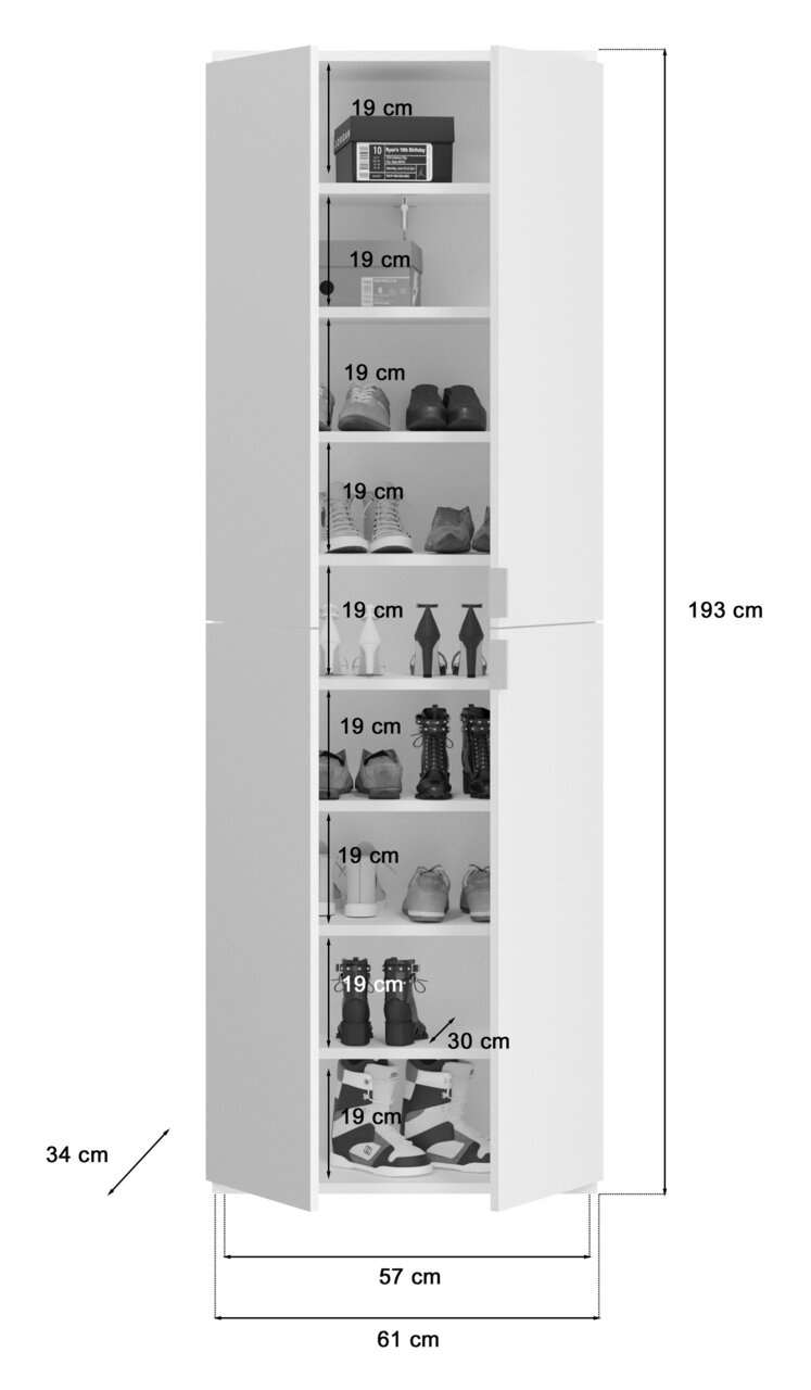 Frontale Ansicht eines weißen Garderobenschranks mit mehreren Fächern, gefüllt mit Schuhen und Boxen. Der Schrank hat eine Höhe von 193 cm, eine Breite von 61 cm und eine Tiefe von 34 cm.