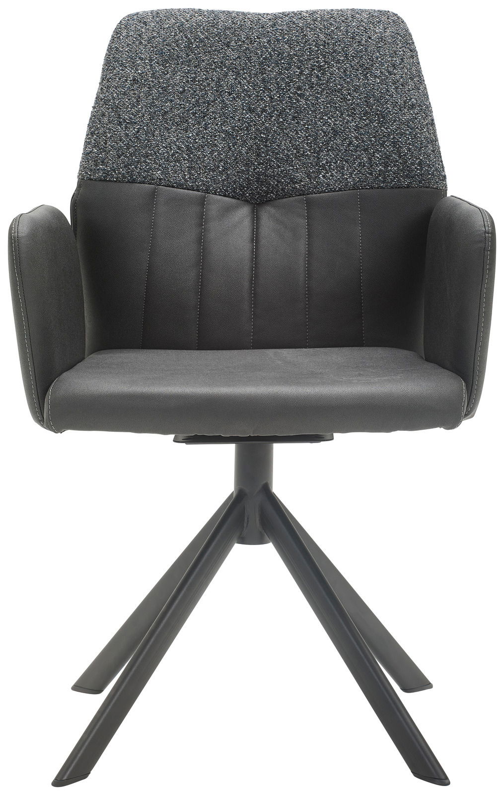 Moderner Armlehnstuhl mit grauem Stoffbezug und schwarzem Leder, Vorderansicht