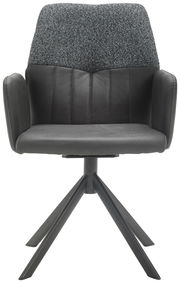 Moderner Armlehnstuhl mit grauem Stoffbezug und schwarzem Leder, Vorderansicht