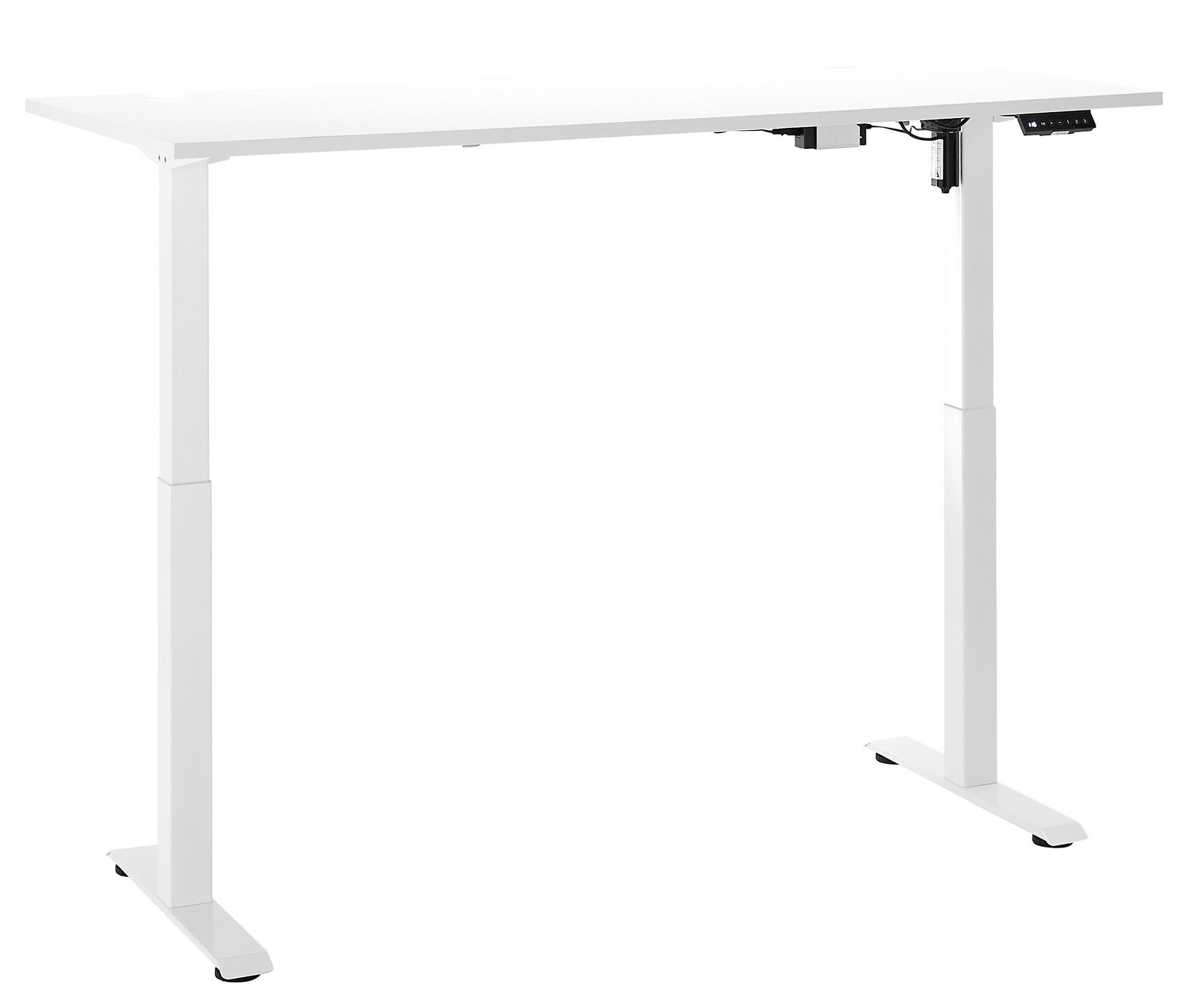Weißer höhenverstellbarer E-Schreibtisch, seitliche Perspektive