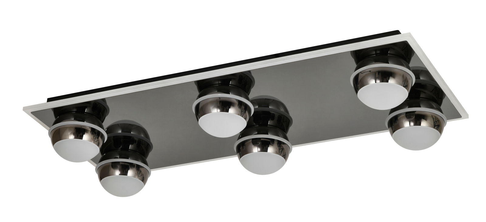 Moderne LED-Deckenleuchte mit sechs kugelförmigen Leuchten, seitliche Perspektive