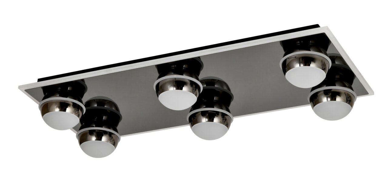 Moderne led-plafondlamp met zes bolvormige lampen, zijaanzicht