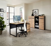 Moderner Schreibtisch mit Holzoberfläche und schwarzem Metallgestell, seitliche Perspektive. Im Hintergrund ein Aktenschrank mit Regalen und Dekorationen.