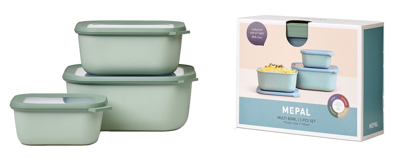 Dreiteiliges Set rechteckiger Aufbewahrungsboxen in Pastellgrün, gestapelt und in einer Verpackung präsentiert, aus seitlicher Perspektive.