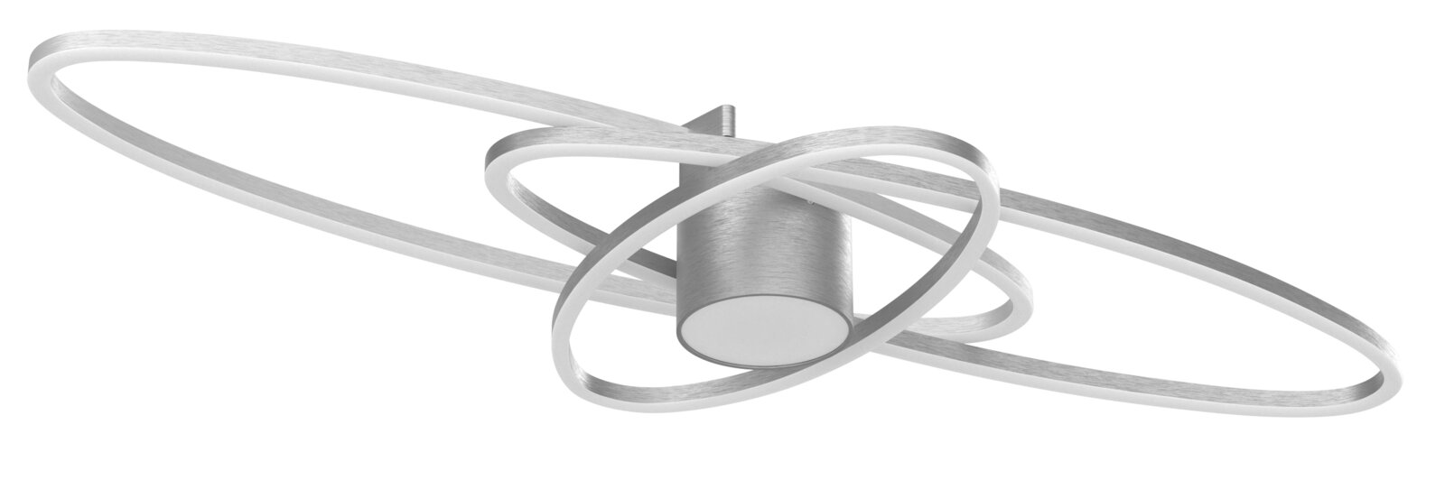 Moderne LED-Deckenleuchte mit drei überlappenden, ovalen Lichtringen in Weiß und gebürstetem Metall, schräg von unten in 3/4-Perspektive freigestellt