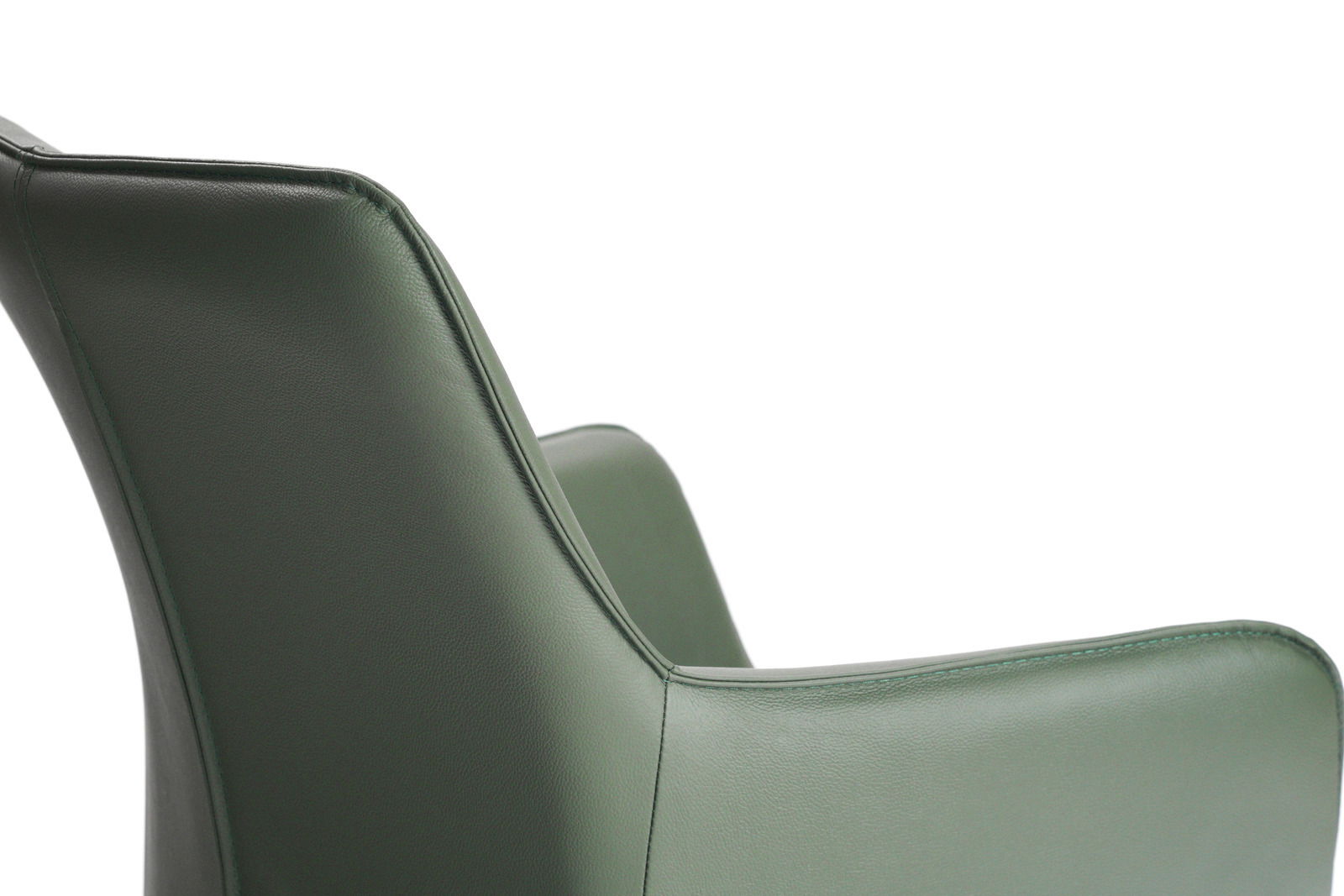 Grüner Armlehnstuhl aus Leder, seitliche Perspektive