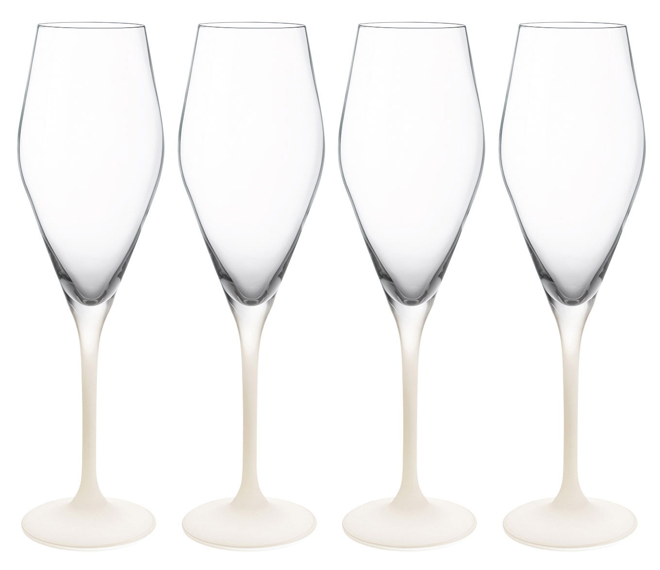 Villeroy & Boch Champagnerglas 4-tlg. MANUFACTURE ROCK BLANC Vier elegante Champagnergläser mit schlankem Stiel und klarer Kelchform, frontal nebeneinander angeordnet.