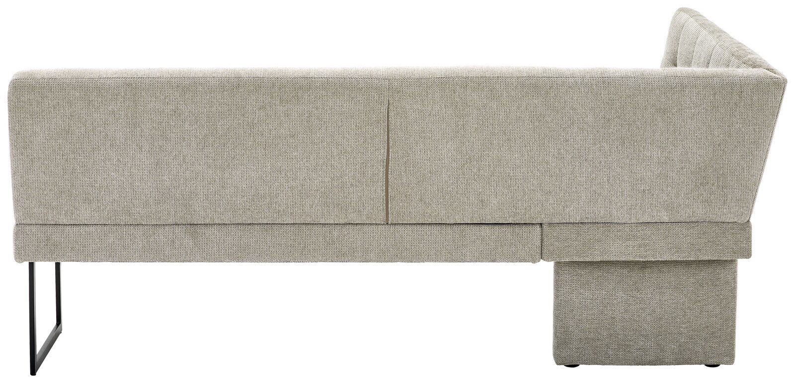 Rückansicht einer grauen Eckbank mit Metallbeinen, Perspektive von hinten